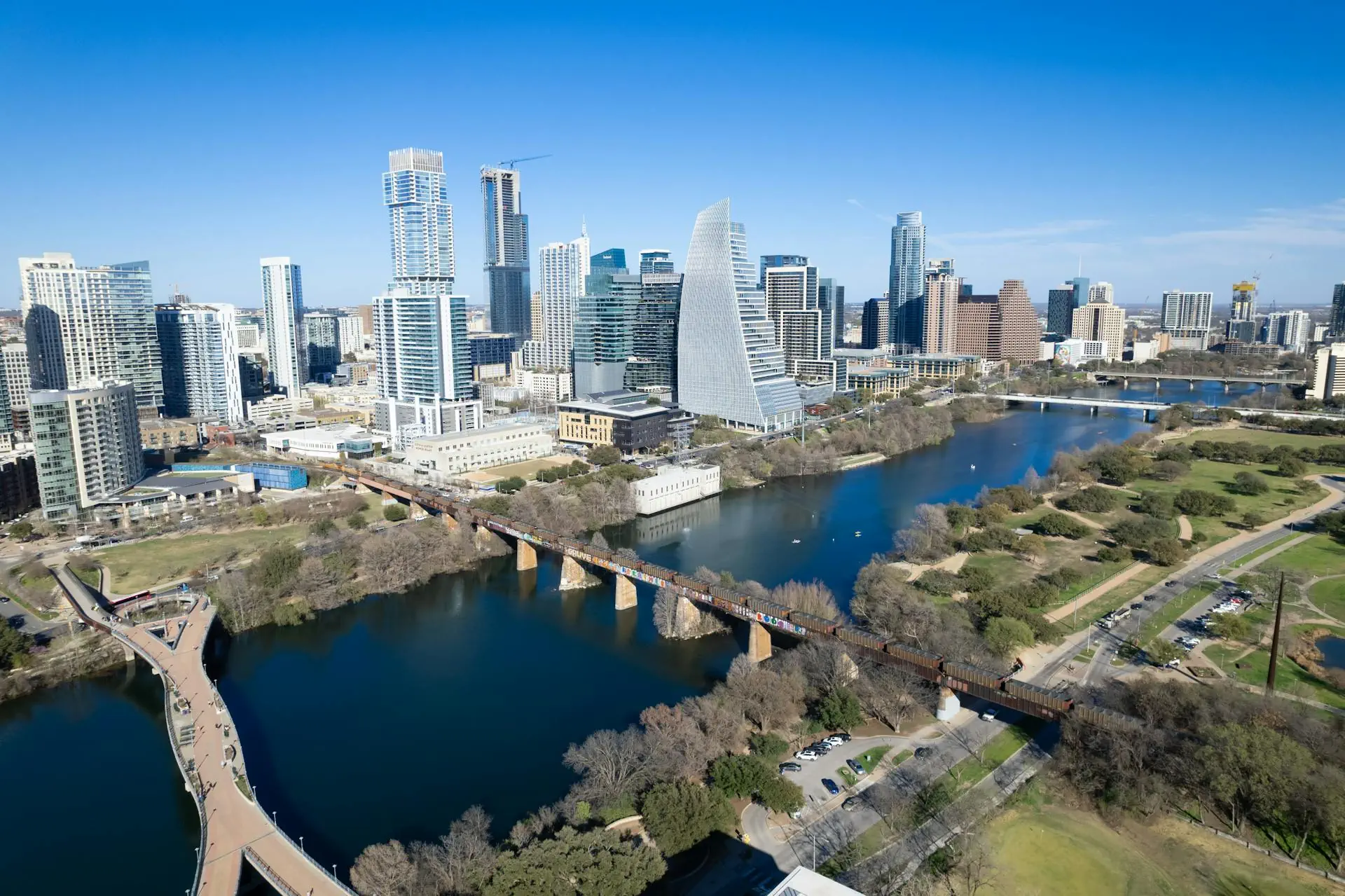 Aerial view of the downtown Austin skyline over Lady Bird Lake